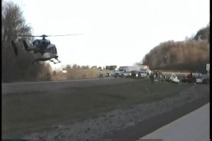 Life Flight helicopter landing on a highway
